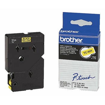 Лента за етикетен принтер Brother тип TZ, черен цвят на жълт фон, 12mm x 8m, PN: TC-601 | JAR Computers Brother TC-601