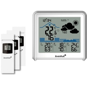 Електронна метеостанция Levenhuk Wezzer Plus LP50, включени 3бр. външни датчика, монохроматичен екран, термометър, барометър, влагомер, часовник, будилник, календар, бяла image