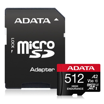 Карта памет 512GB microSDXC с адаптер, A-Data High Endurance (AUSDX512GUI3V30SHA2-RA1), Class 10 U3, V30, скорост на четене до 100MB/s, скорост на запис до 85MB/s | JAR Computers A-Data High Endurance 512GB AUSDX512GUI3V30SHA