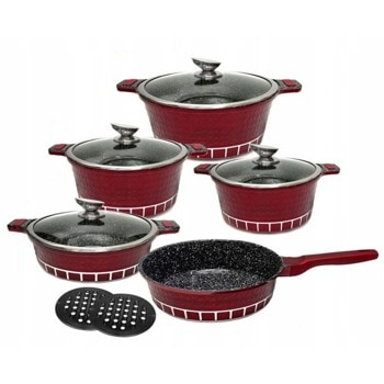 Комплект съдове Zilner ZL 8512, алуминий, мраморно покритие, 11 части, червен | JAR Computers Zilner ZL 8512