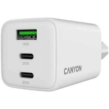 Зарядно устройство Canyon CU65ACC, от контакт към 2x USB-C(ж), 1x USB-A(ж), 20V/3.25A, бяло, 65W | JAR Computers Canyon CU65ACC CNS-CUW65ACC
