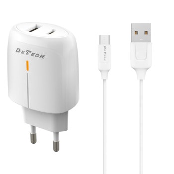 Зарядно устройство DeTech DE-31M, от контакт към 1x USB-A(ж)/1x USB-C(ж), 20W, бяло, кабел от USB-A(м) към USB-C(м) | JAR Computers Зарядно устройство DeTech DE-31M