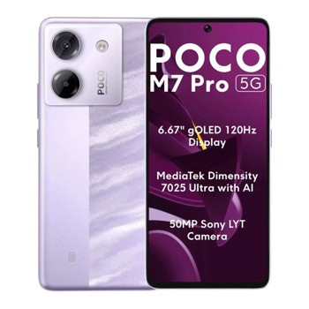 Смартфон Poco M7 Pro 5G (лилав), поддържа 2 SIM карти, 6.67" (16.94 cm) AMOLED 120Hz дисплей, осемядрен Mediatek Dimensity 7025 Ultra 2.5 GHz, 12GB LPDDR4X, 256GB Flash памет (+microSD слот), 50 + 2 & 20 Mpix камери, Android | JAR Computers POCO M7 Pro 5G 12GB/256GB Purple