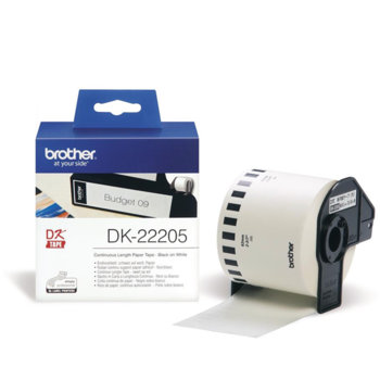 Лента за етикетен принтер Brother тип DK, черен цвят на бял фон, 62mm x 30.48m, PN: DK-22205 | JAR Computers Brother DK-22205
