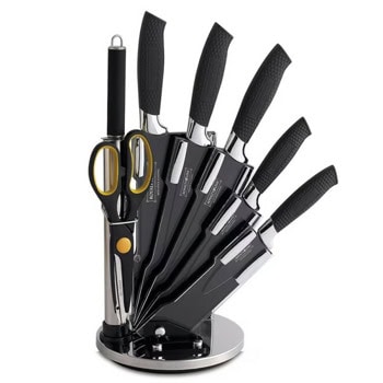 Комплект ножове, ножицa, сатър, точило за ножове и поставка Royalty Line RL-BLK8W, неръждаема стомана, незалепващо покритие, черни | JAR Computers Royalty Line RL-BLK8W