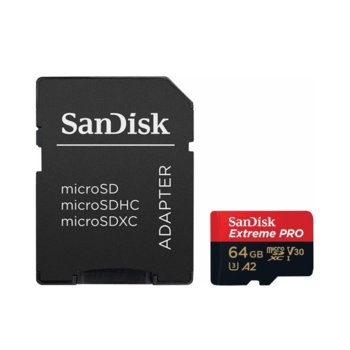 Карта памет 64GB microSDXC, Sandisk Extreme Pro с адаптер, Class 10 UHS-1 U3, скорост на четене 170MB/s, скорост на запис 90MB/s image