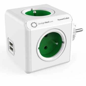 Разклонител DesignNest PowerCube Original 1202GN, 4 гнезда, тип "куб", 2x USB-A, зелен | JAR Computers DesignNest PowerCube Original 1202GN