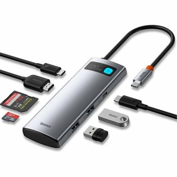 Докинг станция Baseus USB-C Metal Gleam Series 7-in-1 Hub, от USB C към 2x USB C / 2x USB A / 1x HDMI / 1x четец на карти, сива | JAR Computers Baseus USB-C Metal Gleam Series 7 WKWG020113