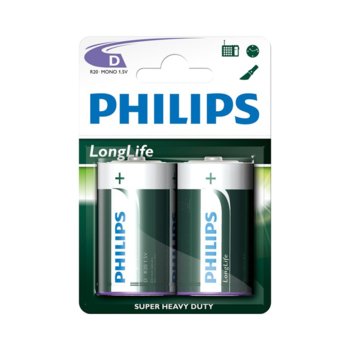 Батерии цинкови Philips Longlife LR20(D), 1.5V, 2 бр. | JAR Computers Батерии алкални Philips Longlife LR20(D), 1.5V