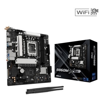 Дънна платка ASRock B860M-X WiFi, B860, LGA1851, DDR5, PCI-E 5.0 (DP&HDMI), 4x SATA 6Gb/s, 2x M.2, 1x USB 3.2 Gen2x2 Type-C, 3x USB 3.2 Gen1 Type-A, 2.5GbE LAN, WI-FI 6E, Bluetooth 5.3, Micro ATX | JAR Computers ASRock B860M-X WiFi
