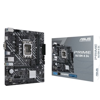 Дънна платка Asus PRIME H610M-K D4, H610, LGA1700, DDR4, PCIe 4.0 (HDMI&VGA), 4x SATA 6Gb/s, 1x M.2 slot, 2x USB 3.2 Gen 1, Micro ATX | JAR Computers Asus PRIME H610M-K D4