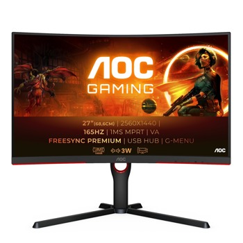 Монитор AOC CQ27G3SU/BK, 27" (68.58 cm) VA панел, 165Hz, QHD, 1ms (MPRT), 80M:1, 300 cd/m2, DisplayPort, HDMI, USB | JAR Computers Монитор AOC CQ27G3SU/BK