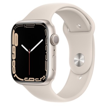 Смарт часовник Apple Watch Series 7, 45mm, 1.9" (4.83 cm) Retina OLED дисплей, Bluetooth 5.0, A2DP, LE, Wi-Fi, NFC, 50m water resistant, Starlight Aluminium Case with Starlight Sport Band - Regular, бял image