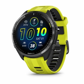 Смарт часовник Garmin Forerunner 965 Carbon Grey DLC Titanium, за бегачи, 35.4 мм (1,4"), AMOLED дисплей, 32GB Flash памет, Bluetooth, Wi-Fi, GPS, до 23 дни време за работа, черен с жълто-черна силиконова каишка | JAR Computers смарт часовник Garmin Forerunner 965 Amp Yellow