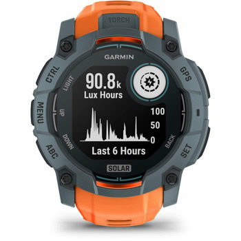 Смарт часовник Garmin Instinct 3 - 50mm Solar Twilight, дизайн с два прозореца, 1.1" x 1.1" (27.0 cm) MIP дисплей, Bluetooth, ANT+, GPS, 128MB вградена памет, вградено фенерче, компас, 10ATM, до 40 дни време на работа, оранжево-черен | JAR Computers Garmin Instinct 3 - 50 мм Solar Twilight