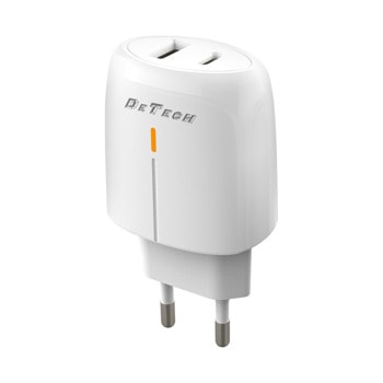 Зарядно устройство DeTech DE-31, от контакт към 1x USB-A(ж)/1x USB-C(ж), 20W, бяло | JAR Computers Зарядно устройство DeTech DE-31 40318