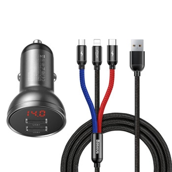 Зарядно за кола Baseus Digital Display Dual USB Car Charger (TZCCBX-0G), от автомобилна запалка към 2x USB-A(ж), 5V/4.8A, 45W, черно, включен microUSB, USB-C и Lightning кабел image