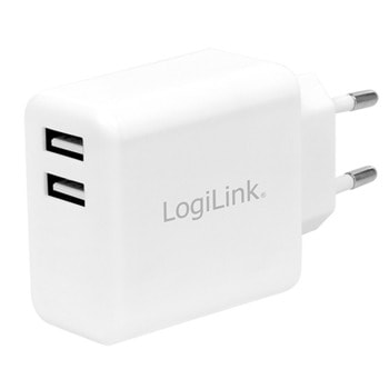 Зарядно устройство LogiLink PA0210W, от контакт към 2x USB А(ж), 5V, 2.4A, бяло | JAR Computers LogiLink PA0210W
