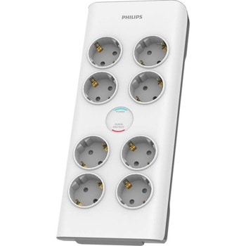Разклонител Philips SPN7080WA/58, 8x гнезда, 2м, двуполюсен ключ, предпазен капак, защита от пренапрежение, бял | JAR Computers Philips SPN7080WA/58