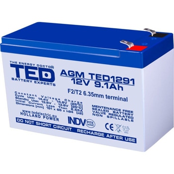 Акумулаторна батерия Ted Electric TED-12V-9AH-AGM (TED1291), 12V, 9Ah, AGM, T2 конектори | JAR Computers Ted Electric TED1291