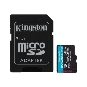 Карта памет 512GB MicroSDXC с адаптер, Kingston Canvas Go! Plus (SDCG4/512GB), UHS-I U3 V30, скорост на четене до 200MB/s, скорост на запис до 160MB/s | JAR Computers Kingston 512GB Canvas Go! Plus SDCG4/512GB