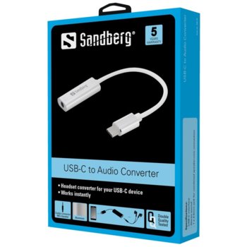 Външна звукова карта Sandberg SNB-136-27, USB-C(м), 1x 3.5mm жак, бяла image