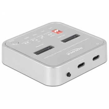 Докинг станция DeLock 64138, 2x M.2 NVMe/SATA SSD слота, 1x USB 3.2 Gen 2 Type-C, SD четец, за клониране, сребриста | JAR Computers DeLock 64138