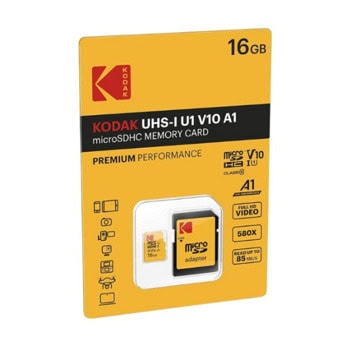 Карта памет 16GB microSDHC с адаптер, Kodak EKMSDM16GHC10K, Class 10 V10, скорост на четене до 90MB/s, скорост на запис до 25MB/s | JAR Computers Kodak EKMSDM16GHC10K