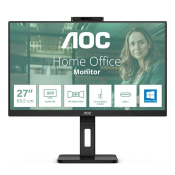 Монитор AOC 24P3QW, 23.8" (60.45 cm) IPS панел, 75Hz, Full HD, 4ms, 20M:1, 300 cd/m2, DisplayPort, HDMI, USB-C, Webcam | JAR Computers Монитор AOC 24P3QW