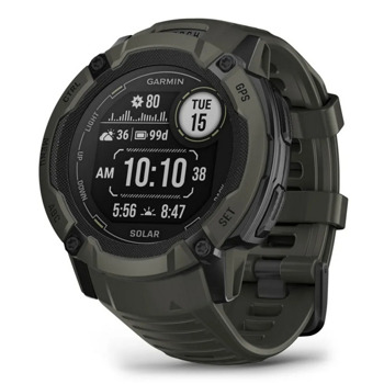 Смарт часовник Garmin Instinct 2X Solar Moss, 1.1" x 1.1" (2.7 x 2.7cm), MIP дисплей, до 60 часа време на работа в GPS режим, пулсомер, слънчево зареждане, GPS, фитнес режими, тъмнозелен | JAR Computers Garmin Instinct 2X Solar Moss