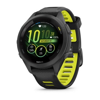 Смарт часовник Garmin Forerunner 265S Amp Yellow, за бегачи, 28.1мм (1.1"), Bluetooth, Wi-Fi, до 15 дни време за работа, 8GB Flash памет, GPS, женско здраве, функции за бягане, черен корпус с жълто-черна каишка | JAR Computers смарт часовник Garmin Forerunner 265S Yellow