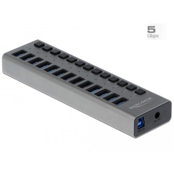 USB Хъб DeLock 63738, 13 порта, от USB Type-B към 13x USB 3.0 Type-A, 5000 Mbit/s, LED индикатор, сив | JAR Computers Delock 63738