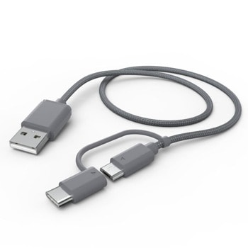 Кабел HAMA 2 в 1 (187224), от USB A(м) към USB Micro B(м) и USB C (м), 1m, сив image