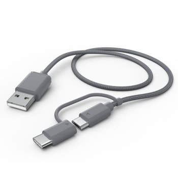 Кабел HAMA 2 в 1 (187224), от USB A(м) към USB Micro B(м) и USB C (м), 1m, сив | JAR Computers HAMA-187224