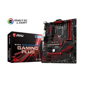 Дънна платка MSI B360 GAMING PLUS, B360, LGA1151, DDR4, PCI-E (DP&DVI)(CF), 5x SATA 6Gb/s, 1x M.2 Socket, 2x USB 3.1 Gen 2(1x Type C), 1x USB 3.1 Gen1, ATX, Mystic Light подсветка | JAR Computers MSI B360 GAMING PLUS