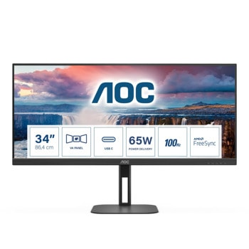 Монитор AOC U34V5C/BK, 34" (86.36 cm) VA панел, 100Hz, WQHD, 4ms, 300 cd/m2, 20M:1, DisplayPort, HDMI, USB, USB-C | JAR Computers AOC U34V5C/BK