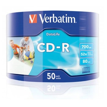 Оптичен носител CD-R, 700MB, Verbatim 00193, 52x, 50бр. | JAR Computers Verbatim CD-R Data Life 700MB (PRINTABLE) - 50 бр