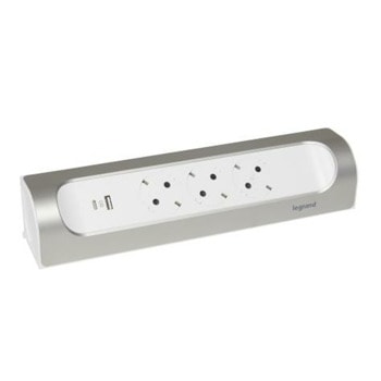 Разклонител Legrand 6 945 04, 3 гнезда, 1x USB-C, 1x USB-A, без кабел, IP20, IK04 устойчивост на удар, алуминий, за ъглов монтаж, бял | JAR Computers разклонител legrand 694504
