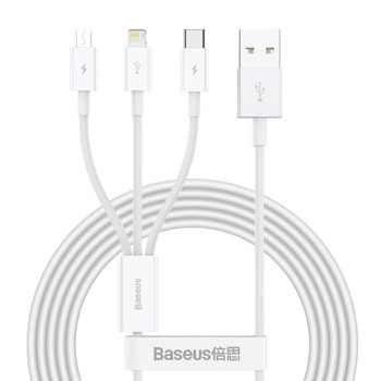 Кабел Baseus Superior 3-in-1 USB Cable (CAMLTYS-02), от USB A(м) към Lightning(м), USB C(м), microUSB(м), 1.5m, бял image