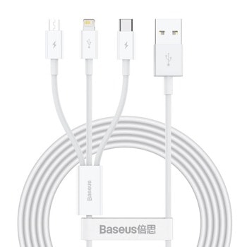 Кабел Baseus Superior 3-in-1 USB Cable (CAMLTYS-02), от USB A(м) към Lightning(м), USB C(м), microUSB(м), 1.5m, бял | JAR Computers Baseus Superior 3-in-1 USB Cable CAMLTYS-02