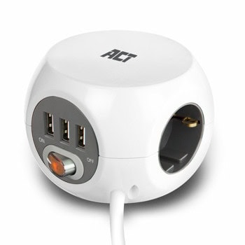Разклонител ACT AC2405, 3 гнезда, тип "куб", 3x USB-A, бутон за вкл./изкл, 1.5m кабел, бял | JAR Computers ACT AC2405