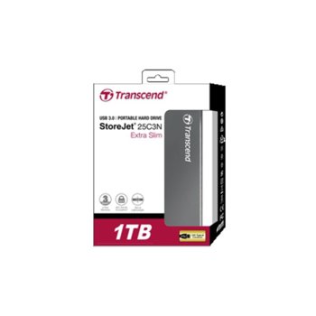 Твърд диск 1TB Transcend StoreJet, сив, външен, 2.5"(6.35cm), USB 3.0 + USB 2.0 | JAR Computers Transcend StoreJet 1TB