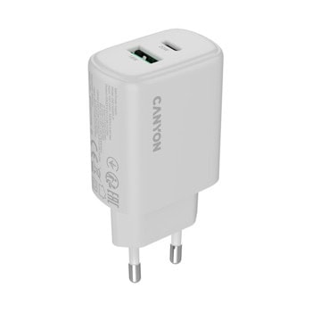 Зарядно устройство Canyon OnCharge 200, от контакт към 1x USB-C(ж), 1x USB-A(ж), 12V, бяло, 20W, QC 3.0 | JAR Computers Canyon CNE-CHA200-21