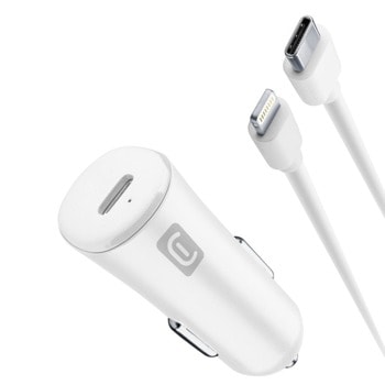 Зарядно за кола Cellularline, от автомобилна запалка към USB C(ж), с USB C(м) към Lightning(м) кабел, бяло | JAR Computers Cellularline Car Charger Kit CBRIPHKITC2LMFI20W