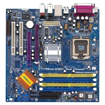Дънна платка Asrock 775DUAL-915GV, S775, i915GL, DDR&DDR2, VGA+AGI8x, SB7.1, Lan, SerialATA, mATX | JAR Computers Asrock 775DUAL-915GV