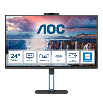 Монитор AOC 24V5CW/BK, 23.8" (60.45 cm) IPS панел, 75Hz, Full HD, 4ms, 20 000 000:1, 300 cd/m2, DisplayPort, HDMI, USB Hub | JAR Computers AOC 24V5CW/BK
