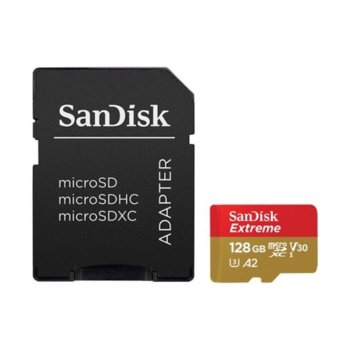 Карта памет 128GB microSDXC с SD адаптер SanDisk Extreme, Class 10 UHS-I, скорост на четене до 160 MB/s, скорост на запис до 90 MB/s, Rescue Pro Deluxe image