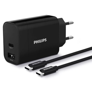 Мрежово зарядно устройство Philips DLP2621C/12, от контакт към 1x USB A(ж)/1x USB C(ж), черно | JAR Computers Philips DLP2621C/12