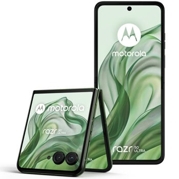 Смартфон Motorola Razr 50 Ultra (зелен), поддържа 2 SIM карти, 6.9" (17.52cm) Foldable LTPO AMOLED 165Hz дисплей, осемядрен Snapdragon 8s Gen 3 3.0GHz, 12GB LPDDR5X, 512GB Flash памет, 50 + 50 & 32 Mpix камери, Android, 189g | JAR Computers Motorola Razr 50 Ultra Spring Green 12/512GB