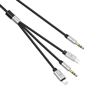 Аудио кабел Earldom ET-AUX09, от 1x AUX(м) към 1x Lightning(м)/USB-C(м)/AUX(м), 1.2m, черен | JAR Computers Earldom ET-AUX09